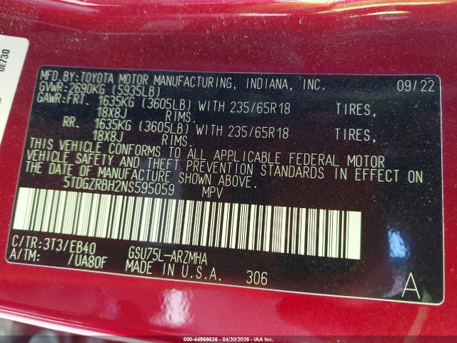 44966636 :رقم المزاد ، 5TDGZRBH2NS595059 vin ، 2022 Toyota Highlander Xle مزاد بيع