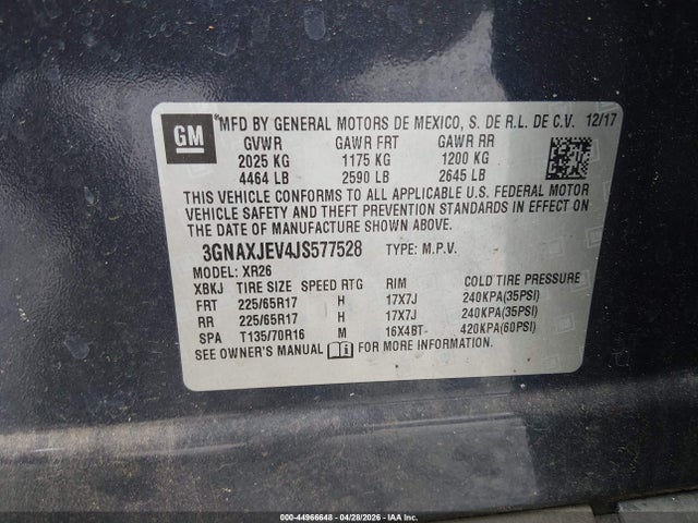 Продажа на аукционе авто 2018 Chevrolet Equinox Lt, vin: 3GNAXJEV4JS577528, номер лота: 44966648
