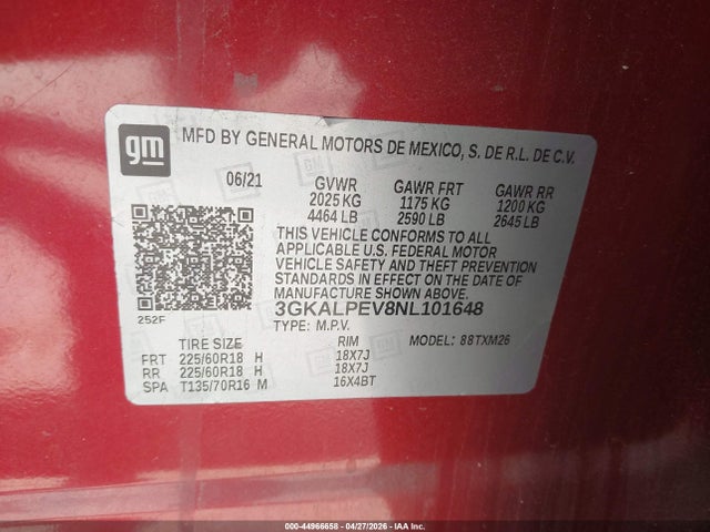 44966658 :رقم المزاد ، 3GKALPEV8NL101648 vin ، 2022 Gmc Terrain Fwd Slt مزاد بيع