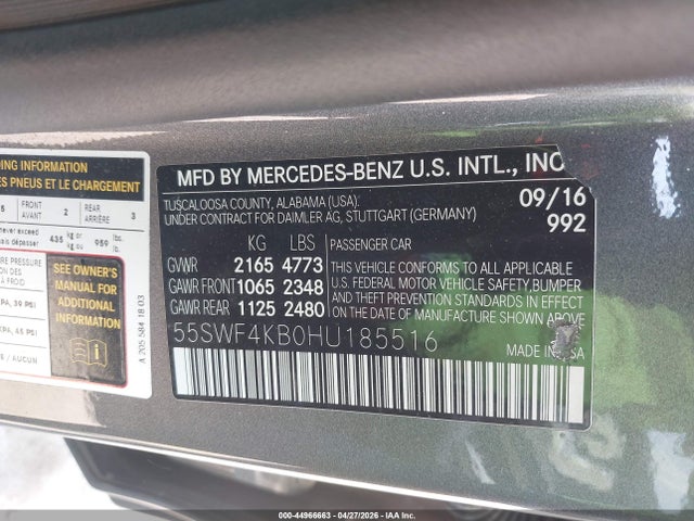 2017 Mercedes-benz C 300 4matic მანქანა იყიდება აუქციონზე, vin: 55SWF4KB0HU185516, აუქციონის ნომერი: 44966663