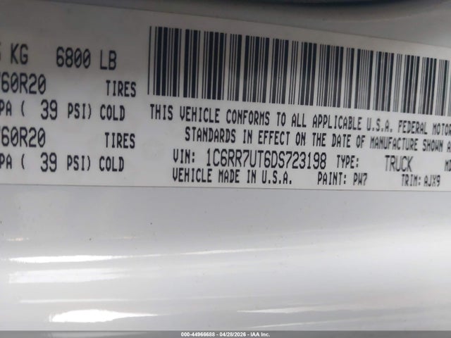 44966688 :رقم المزاد ، 1C6RR7UT6DS723198 vin ، 2013 Ram 1500 Sport مزاد بيع