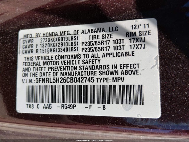 44966690 :رقم المزاد ، 5FNRL5H26CB042745 vin ، 2012 Honda Odyssey Lx مزاد بيع