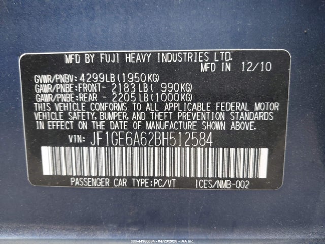 44966694 :رقم المزاد ، JF1GE6A62BH512584 vin ، 2011 Subaru Impreza 2.5i مزاد بيع
