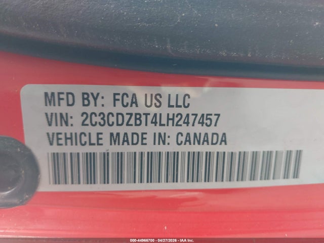 2020 Dodge Challenger R/t მანქანა იყიდება აუქციონზე, vin: 2C3CDZBT4LH247457, აუქციონის ნომერი: 44966700