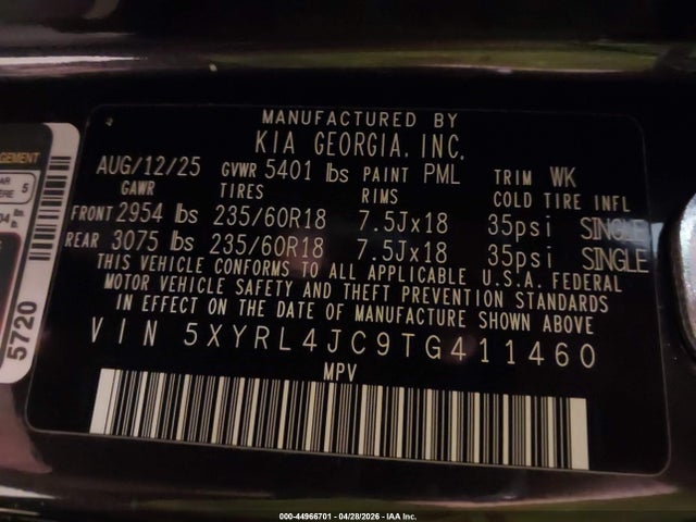 Продаж на аукціоні авто 2026 Kia Sorento S, vin: 5XYRL4JC9TG411460, номер лоту: 44966701