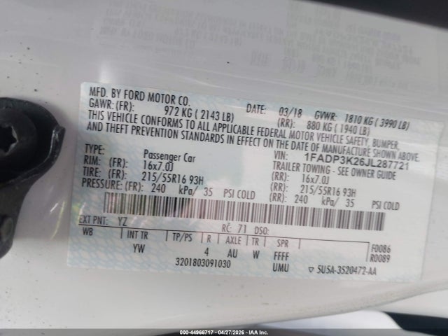 1FADP3K26JL287721 Ford FOCUS SE