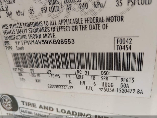 Продаж на аукціоні авто 2009 Ford F-150 Fx4/king Ranch/lariat/platinum/xl/xlt, vin: 1FTPW14V59KB98553, номер лоту: 44966745
