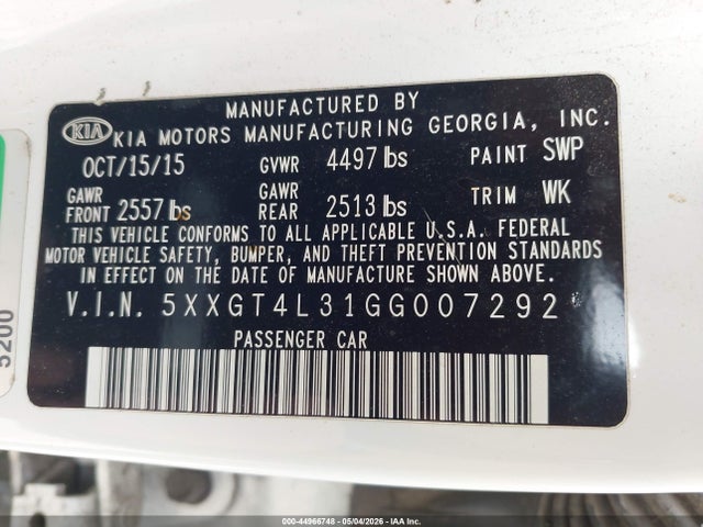 5XXGT4L31GG007292 KIA Optima Lx