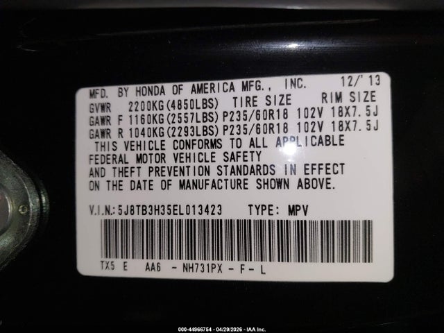 Aukcja sprzedaży 2014 Acura Rdx, vin: 5J8TB3H35EL013423, numer aukcji: 44966754