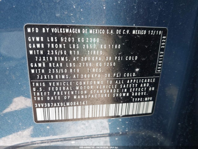 44966758 :رقم المزاد ، 3VV3B7AX9LM084141 vin ، 2020 Volkswagen Tiguan 2.0t Se/2.0t Se R-line Black/2.0t Sel مزاد بيع