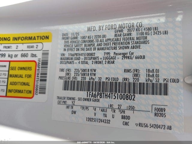 44966770 :رقم المزاد ، 1FA6P8TH4T5100802 vin ، 2026 Ford Mustang Ecoboost Fastback مزاد بيع