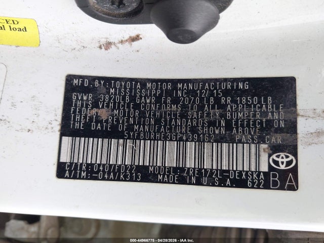 Aukcja sprzedaży 2016 Toyota Corolla S Plus, vin: 5YFBURHE3GP439162, numer aukcji: 44966775