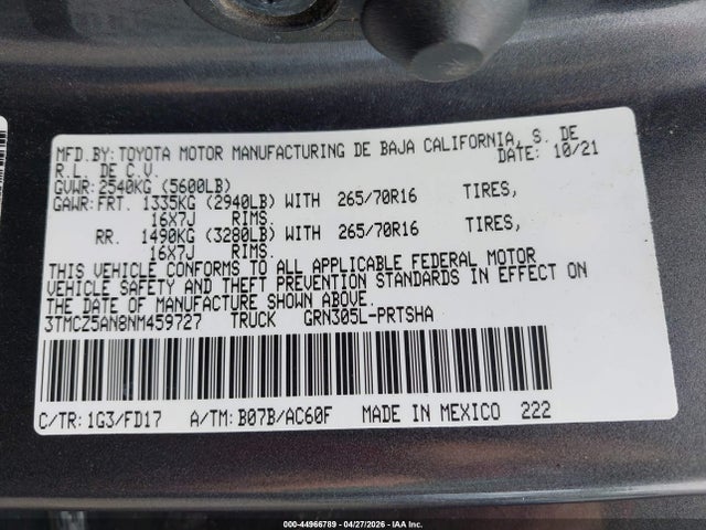 44966789 :رقم المزاد ، 3TMCZ5AN8NM459727 vin ، 2022 Toyota Tacoma Trd Off Road مزاد بيع