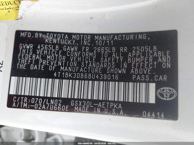Aukcja sprzedaży 2011 Toyota Avalon Limited, vin: 4T1BK3DB6BU439016, numer aukcji: 44966795