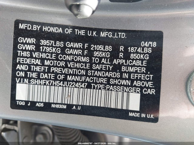 Honda CIVIC EX 2018 SHHFK7H54JU224547 Image 9