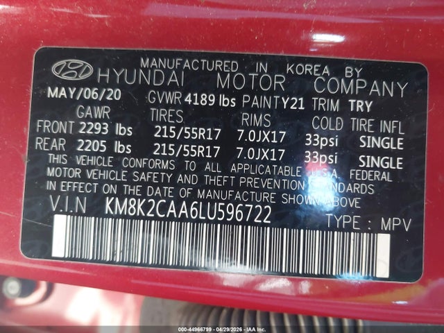 Aukcja sprzedaży 2020 Hyundai Kona Sel, vin: KM8K2CAA6LU596722, numer aukcji: 44966799