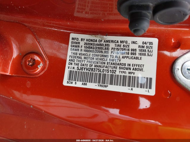 2005 Honda Element Lx მანქანა იყიდება აუქციონზე, vin: 5J6YH28375L015102, აუქციონის ნომერი: 44966800