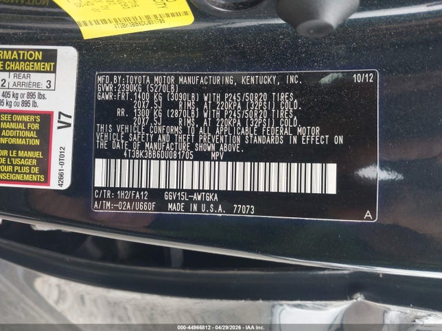 2013 Toyota Venza Le V6 მანქანა იყიდება აუქციონზე, vin: 4T3BK3BB6DU081705, აუქციონის ნომერი: 44966812