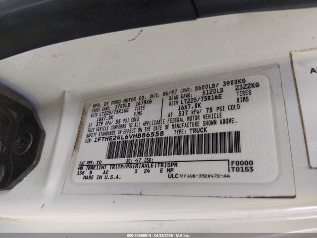 Aukcja sprzedaży 1997 Ford E-250 Standard, vin: 1FTHE24L6VHB86558, numer aukcji: 44966814