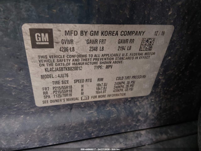 Aukcja sprzedaży 2019 Buick Encore Fwd Preferred, vin: KL4CJASB7KB820012, numer aukcji: 44966817