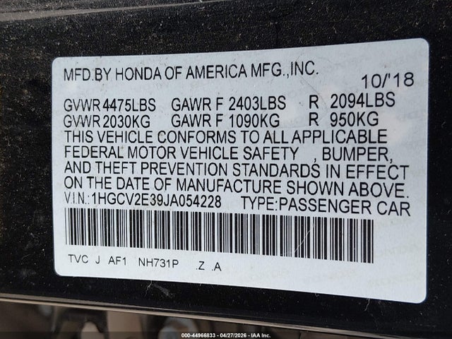 1HGCV2E39JA054228 Honda Accord Sport 2.0t