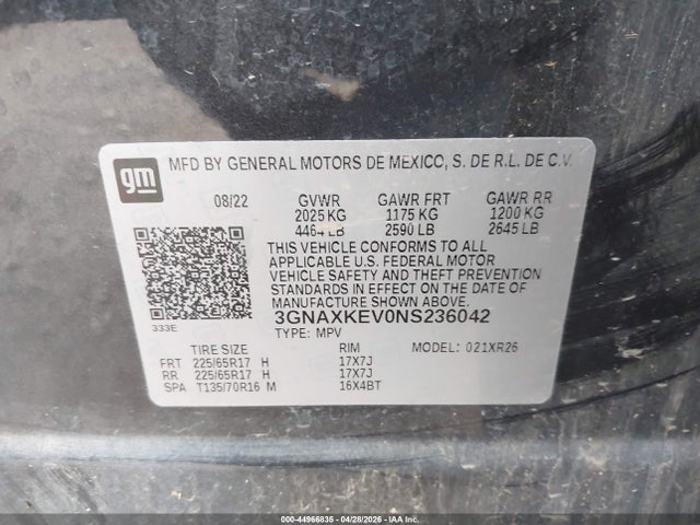 2022 Chevrolet Equinox Fwd Lt მანქანა იყიდება აუქციონზე, vin: 3GNAXKEV0NS236042, აუქციონის ნომერი: 44966835