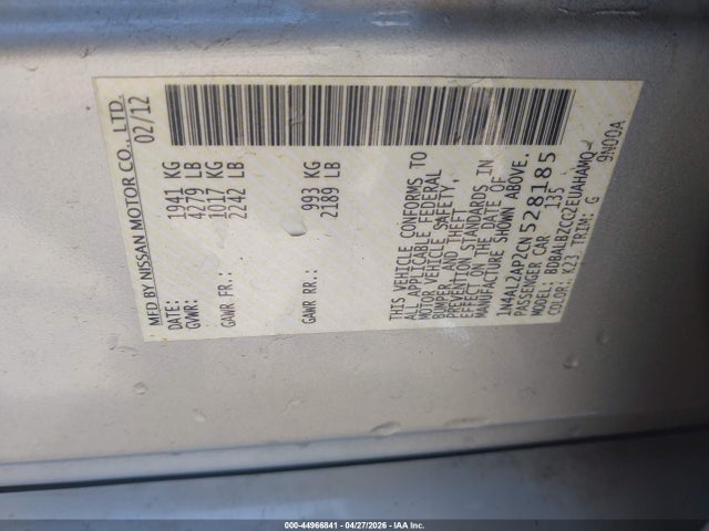Aukcja sprzedaży 2012 Nissan Altima 2.5 S, vin: 1N4AL2AP2CN528185, numer aukcji: 44966841