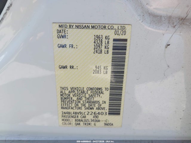 Продаж на аукціоні авто 2020 Nissan Altima S Fwd, vin: 1N4BL4BV9LC226403, номер лоту: 44966843
