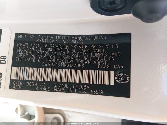 Aukcja sprzedaży 2022 Lexus Es 350, vin: 58ADZ1B11NU137066, numer aukcji: 44966862