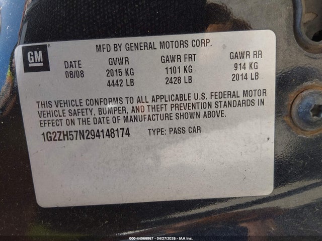 44966867 :رقم المزاد ، 1G2ZH57N294148174 vin ، 2009 Pontiac G6 Gt مزاد بيع
