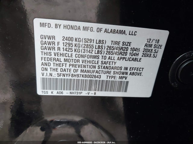 Продаж на аукціоні авто 2019 Honda Passport Touring, vin: 5FNYF8H97KB002643, номер лоту: 44966880