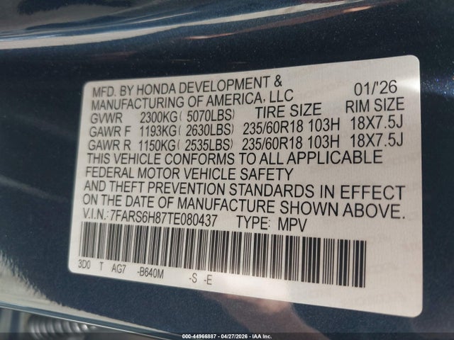 2026 Honda Cr-v Hybrid Awd Sport-l მანქანა იყიდება აუქციონზე, vin: 7FARS6H87TE080437, აუქციონის ნომერი: 44966887