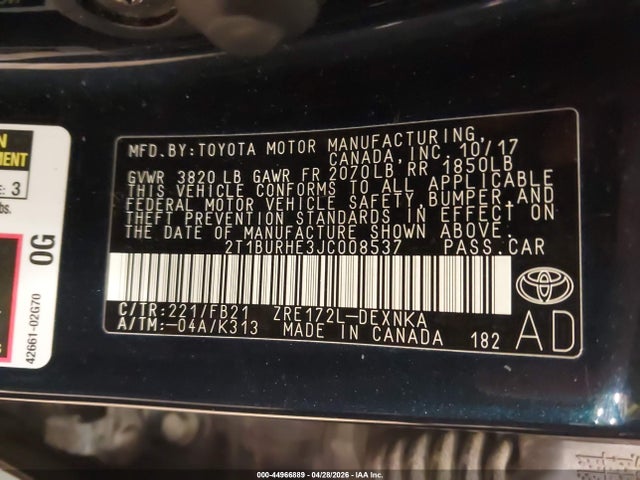 Aukcja sprzedaży 2018 Toyota Corolla Le, vin: 2T1BURHE3JC008537, numer aukcji: 44966889