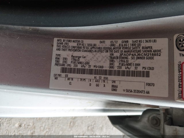 44966900 :رقم المزاد ، 3FADP4AJ6CM218852 vin ، 2012 Ford Fiesta S مزاد بيع