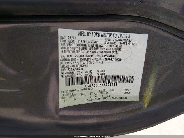 Aukcja sprzedaży 2004 Ford Taurus Se, vin: 1FAFP53U84A106932, numer aukcji: 44966908