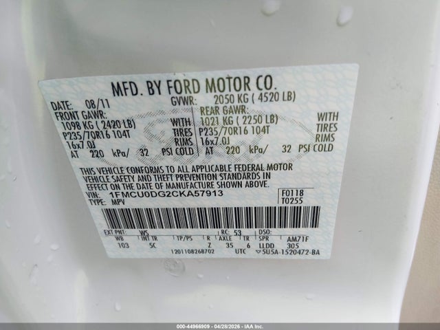 Продаж на аукціоні авто 2012 Ford Escape Xlt, vin: 1FMCU0DG2CKA57913, номер лоту: 44966909