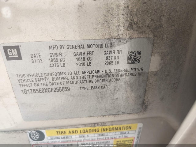 Продаж на аукціоні авто 2012 Chevrolet Malibu Ls, vin: 1G1ZB5E0XCF255059, номер лоту: 44966922