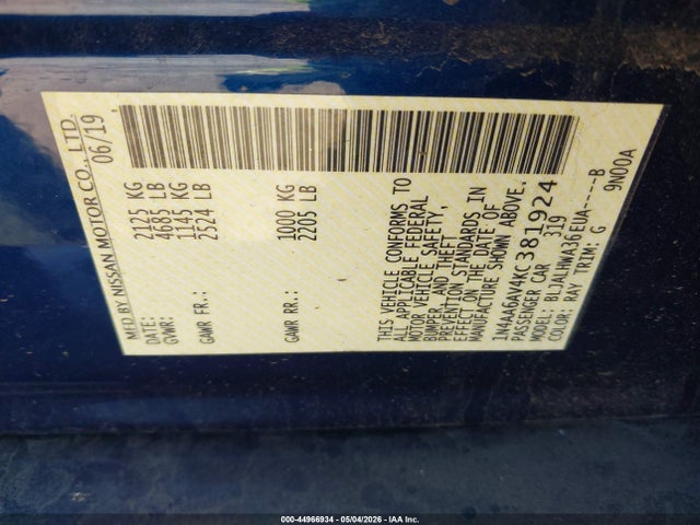 44966934 :رقم المزاد ، 1N4AA6AV4KC381924 vin ، 2019 Nissan Maxima 3.5 Platinum مزاد بيع