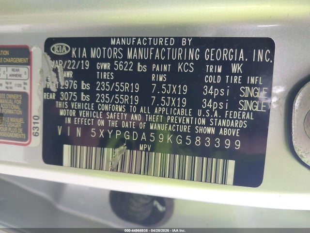 44966938 :رقم المزاد ، 5XYPGDA59KG583399 vin ، 2019 Kia Sorento 3.3l S مزاد بيع