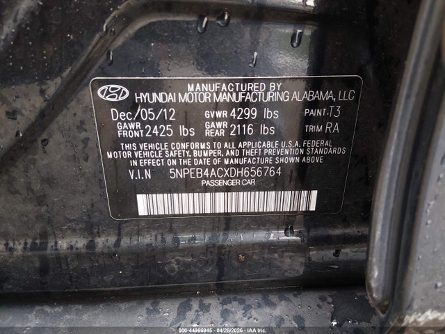 Aukcja sprzedaży 2013 Hyundai Sonata Gls, vin: 5NPEB4ACXDH656764, numer aukcji: 44966945