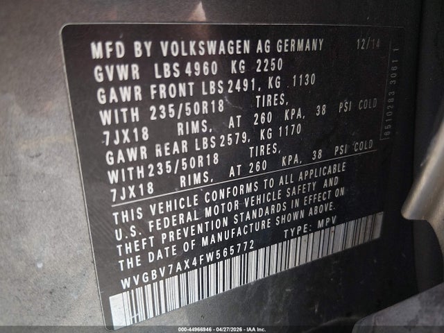 Продаж на аукціоні авто 2015 Volkswagen Tiguan Se, vin: WVGBV7AX4FW565772, номер лоту: 44966946
