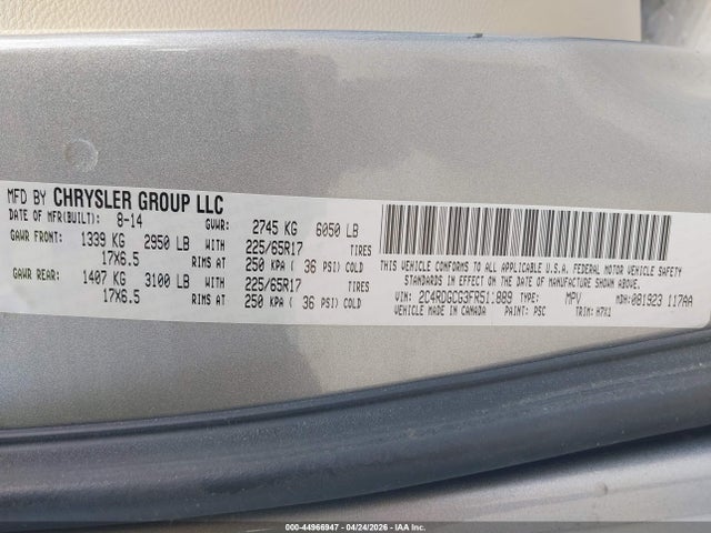 Продажа на аукционе авто 2015 Dodge Grand Caravan Sxt, vin: 2C4RDGCG3FR511889, номер лота: 44966947