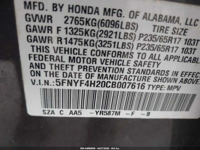 44966969 :رقم المزاد ، 5FNYF4H20CB007616 vin ، 2012 Honda Pilot Lx مزاد بيع