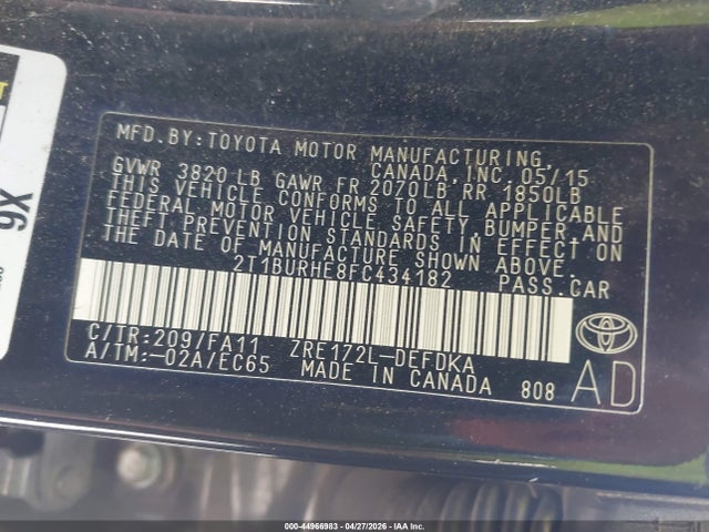 2015 Toyota Corolla L მანქანა იყიდება აუქციონზე, vin: 2T1BURHE8FC434182, აუქციონის ნომერი: 44966983