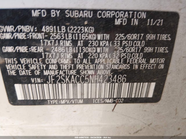 Продаж на аукціоні авто 2022 Subaru Forester, vin: JF2SKACC5NH423486, номер лоту: 44967035