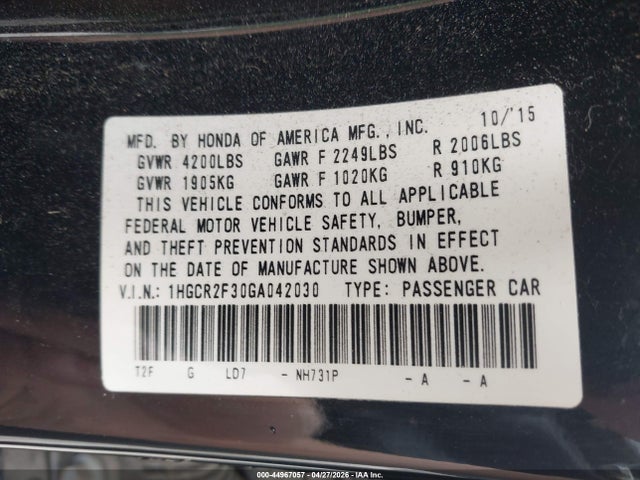 Aukcja sprzedaży 2016 Honda Accord Lx, vin: 1HGCR2F30GA042030, numer aukcji: 44967057