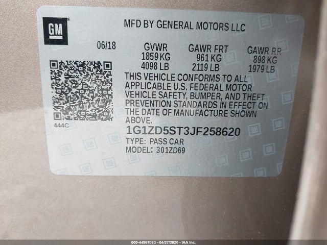 Продажа на аукционе авто 2018 Chevrolet Malibu Lt, vin: 1G1ZD5ST3JF258620, номер лота: 44967063