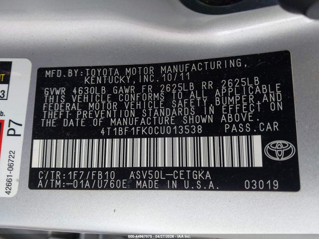 Auction sale of the 2012 Toyota Camry Xle, vin: 4T1BF1FK0CU013538, lot number: 44967075