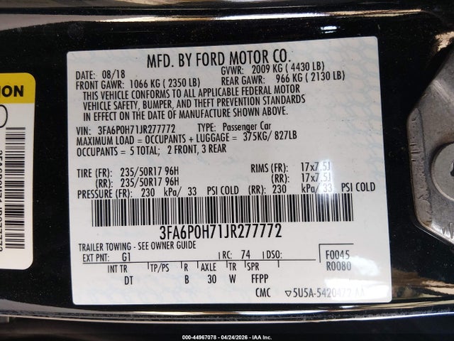 Ford FUSION SE 2018 3FA6P0H71JR277772 Image 9