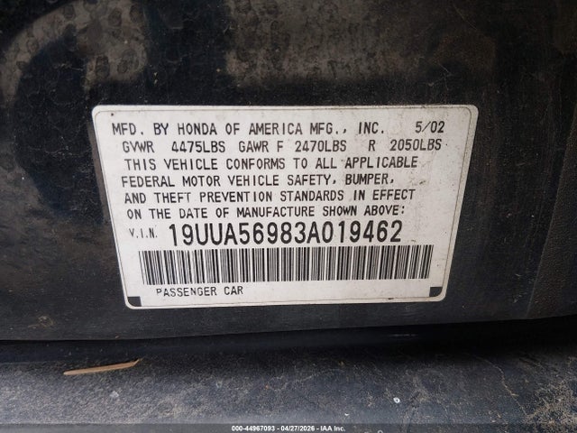 2003 Acura Tl 3.2 Type S მანქანა იყიდება აუქციონზე, vin: 19UUA56983A019462, აუქციონის ნომერი: 44967093